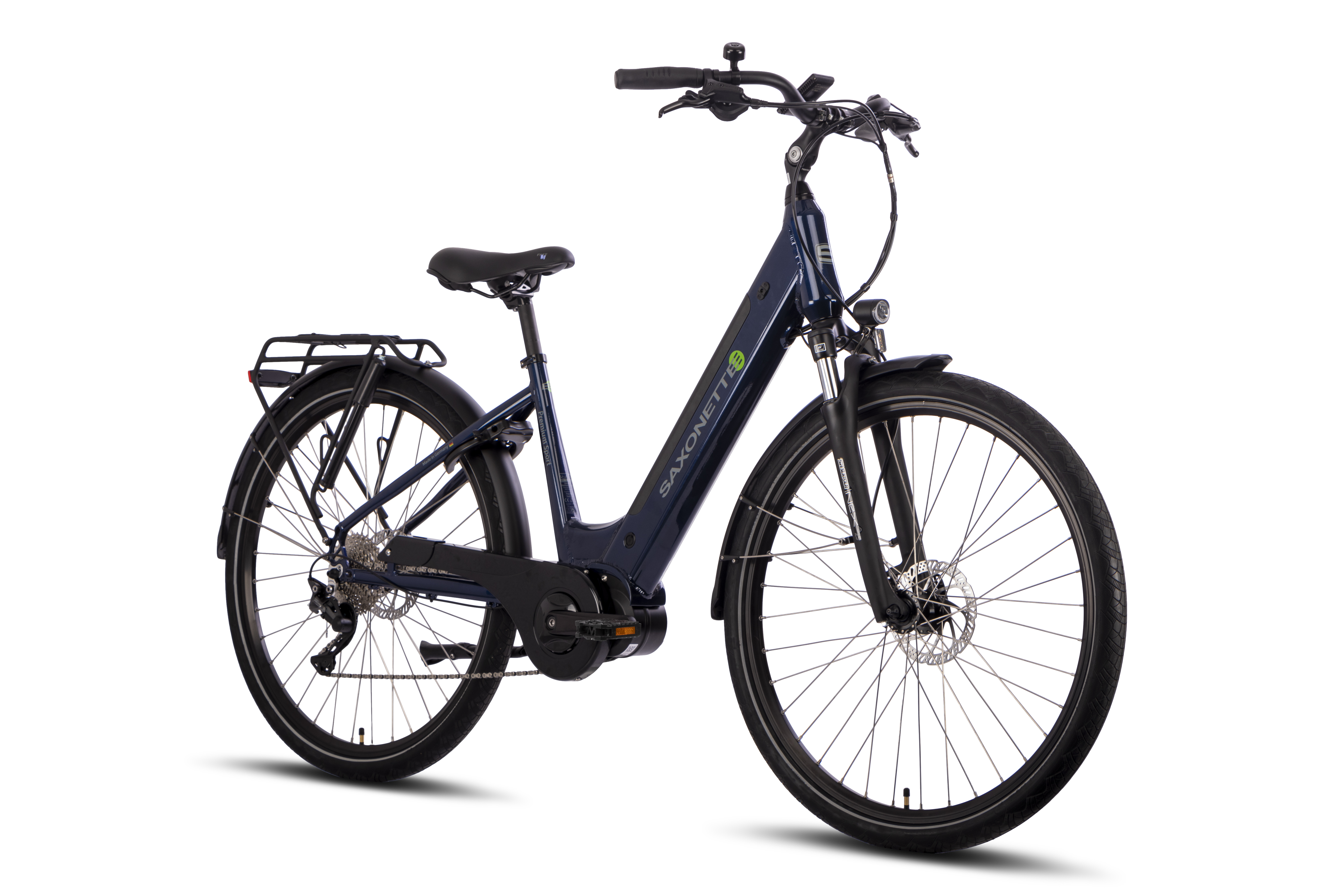 SAXONETTE Premium Sport E-Citybike 2. Wahl neuwertig Federgabel 10 Gang Kettenschaltung Wave nightblue glänzend