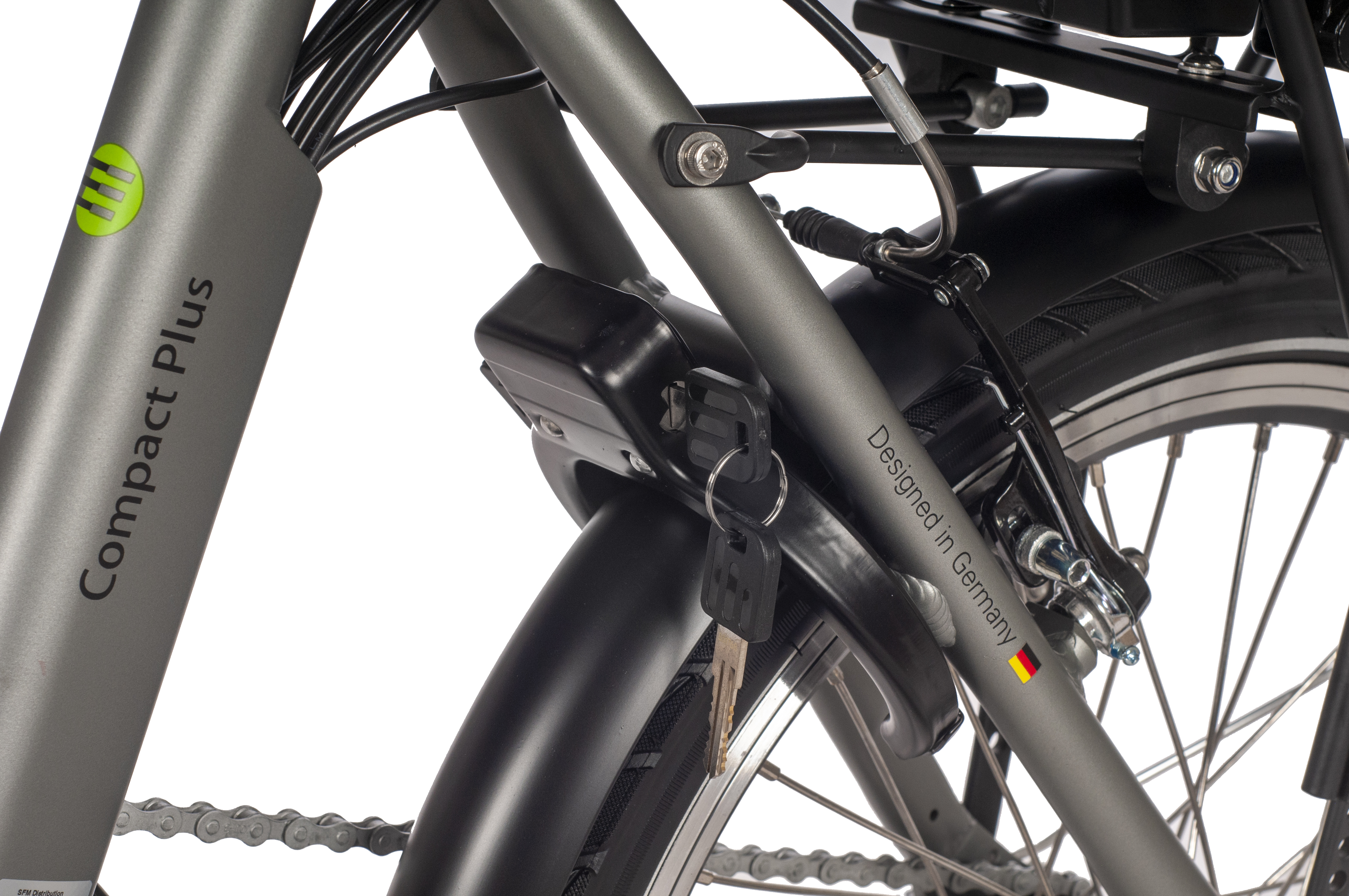 SAXONETTE Compact Plus E-Faltrad 2. Wahl gebraucht Stahlgabel Rücktrittbremse Vorderradmotor 3 Gang Wave silber matt