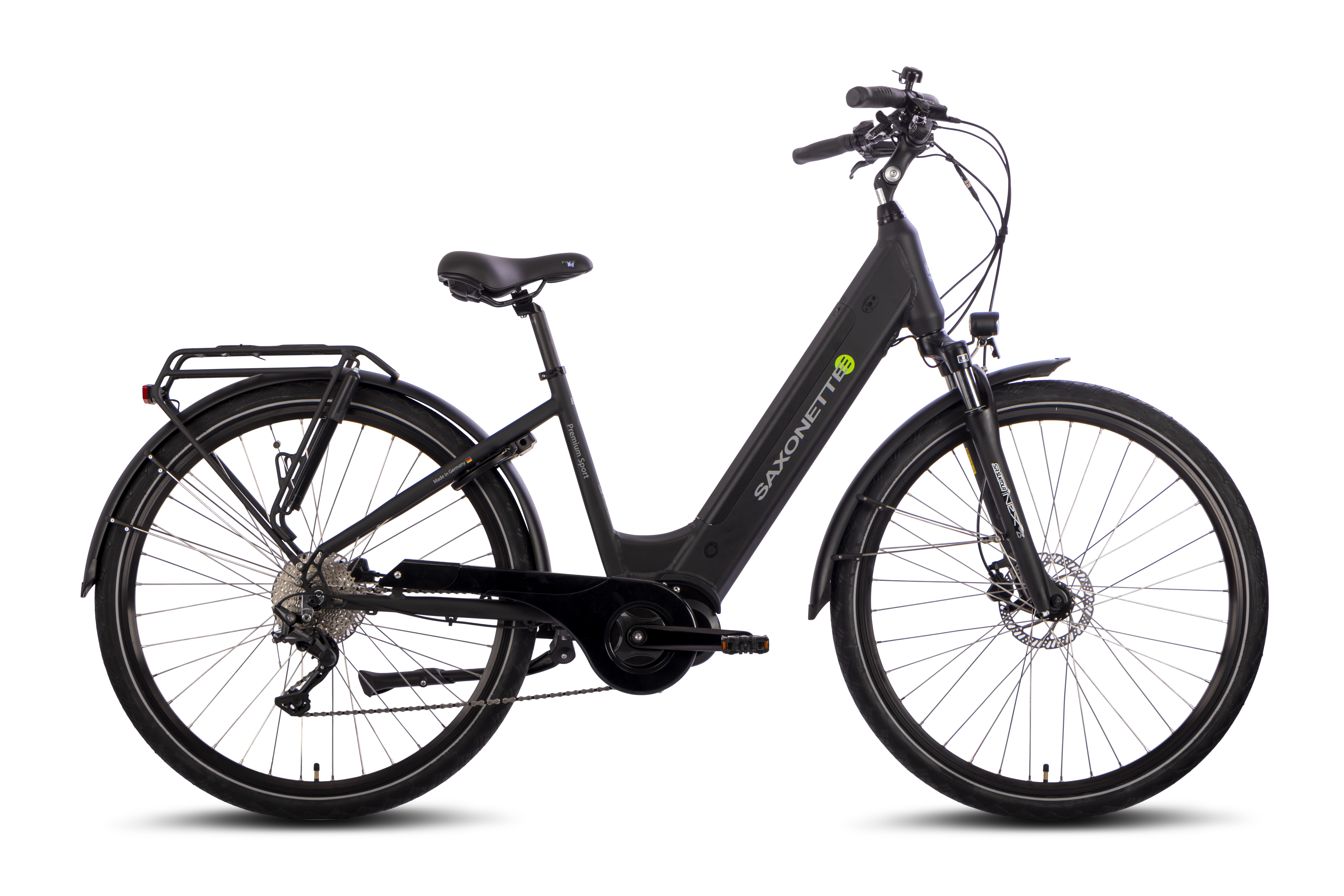 SAXONETTE Premium Sport E-Citybike 2. Wahl neuwertig 10 Gang Mittelmotor Federgabel Wave schwarz matt